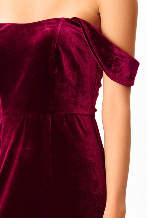 Shop Off-the-shoulder stretch velvet eShakti | dress
