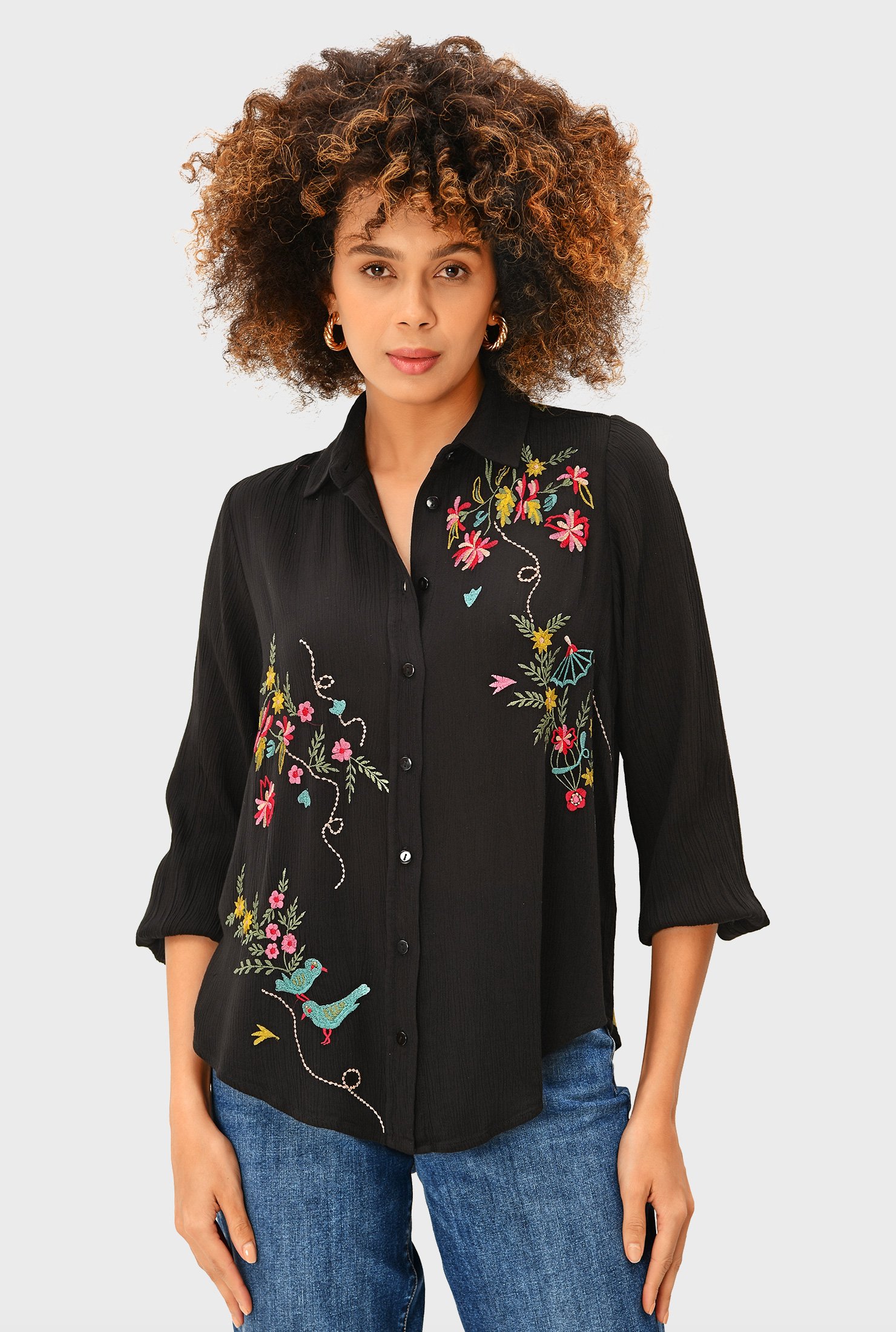Shop Floral embroidery Rayon Crinkle shirt | eShakti