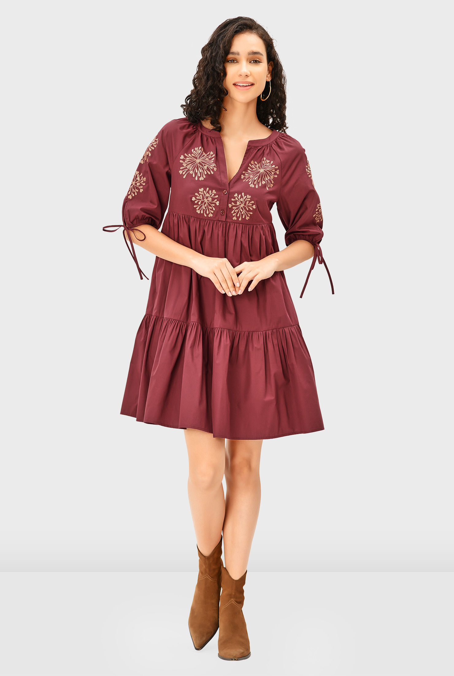 Shop Floral embroidery cotton poplin tiered shift dress