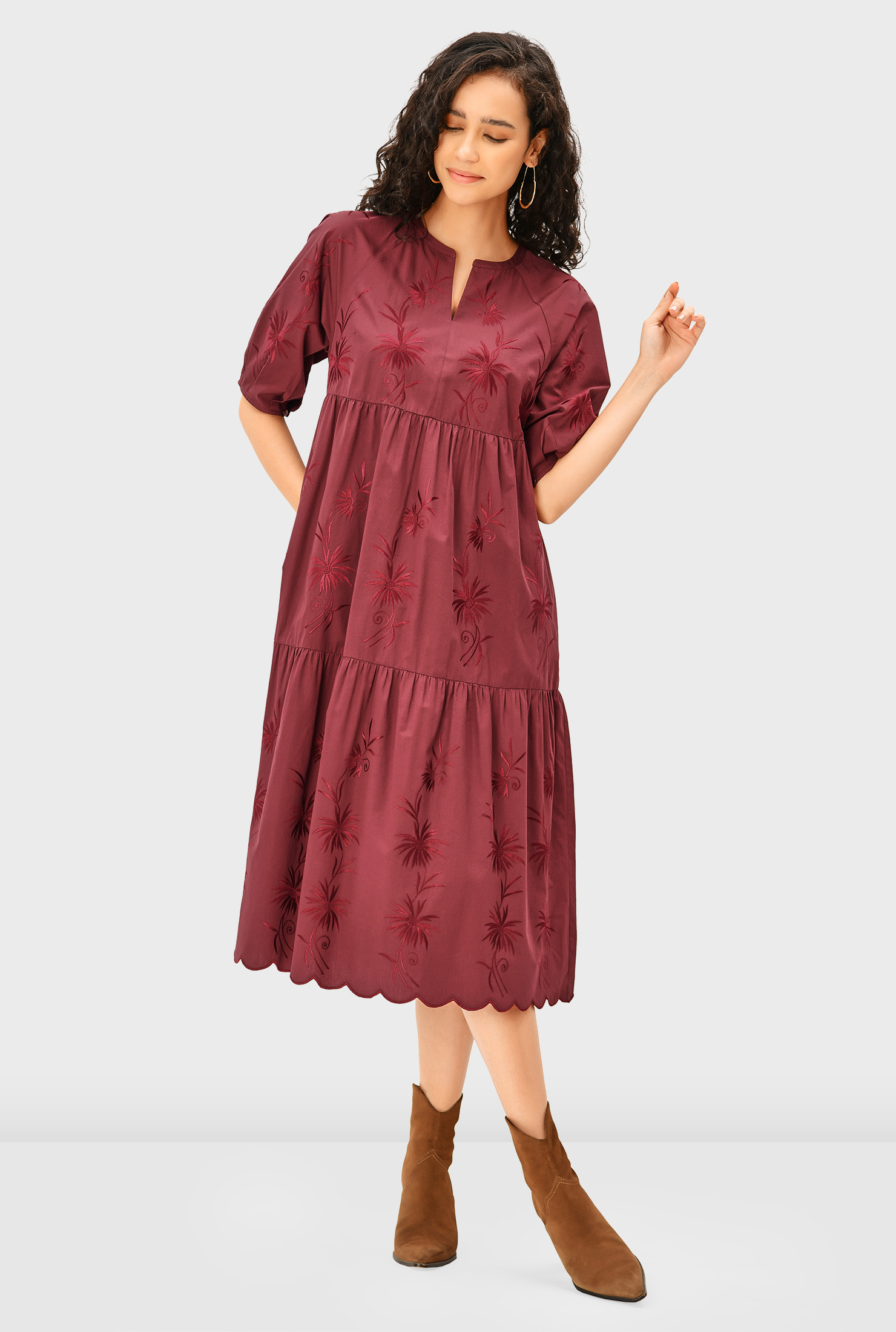 Shop Floral embroidery cotton poplin tiered dress eShakti