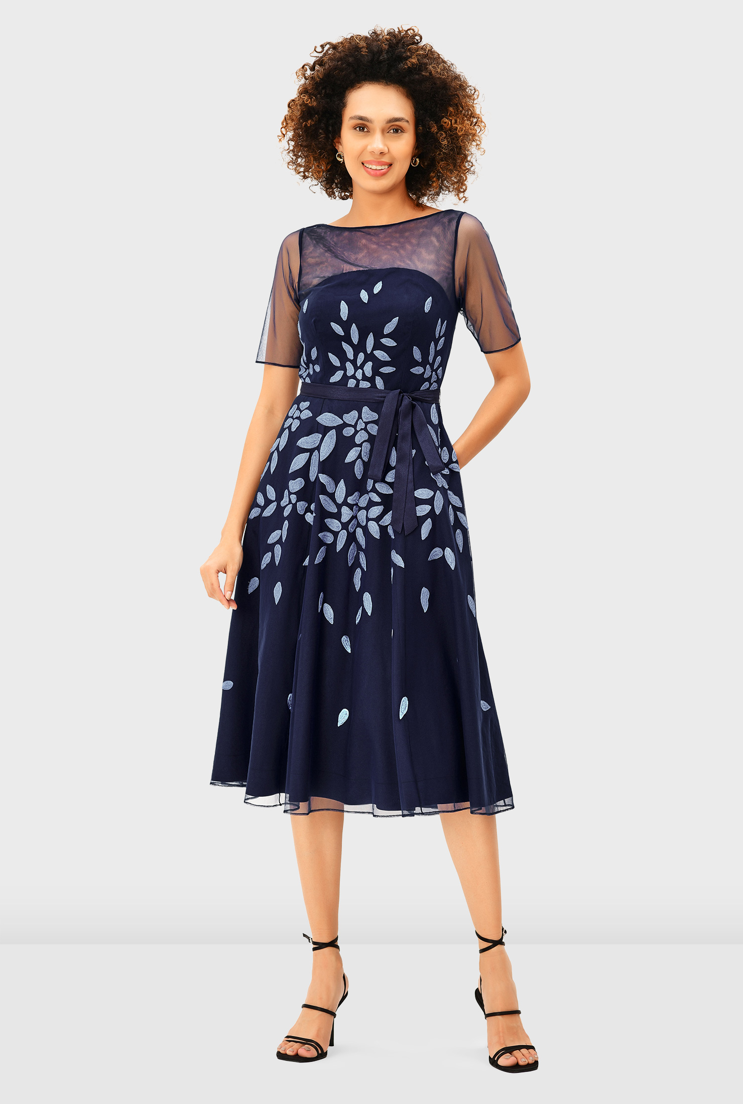 Shop Floral embroidery illusion mesh dress | eShakti