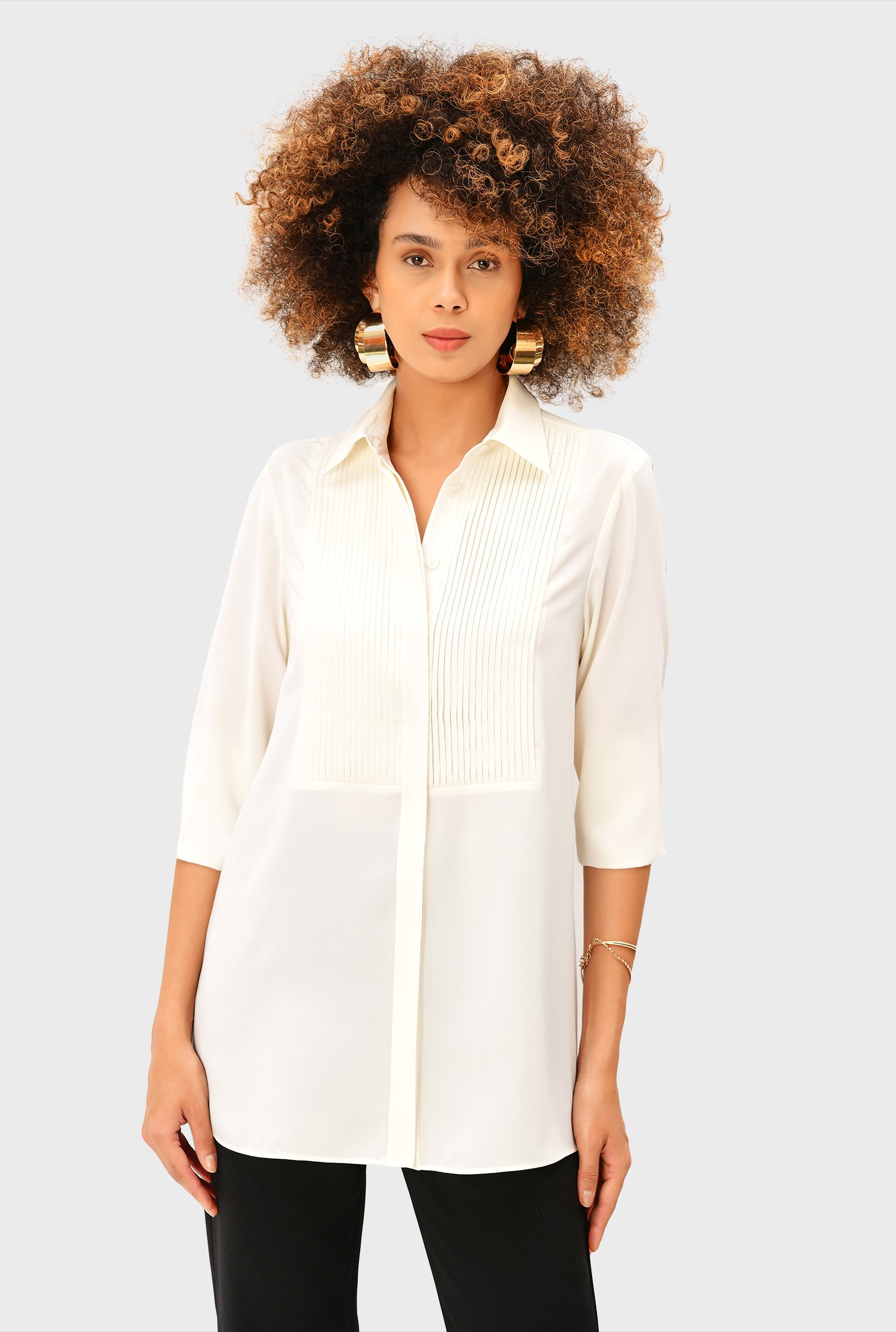 Shop Tux pleat bib-front fine crepe twill shirt | eShakti