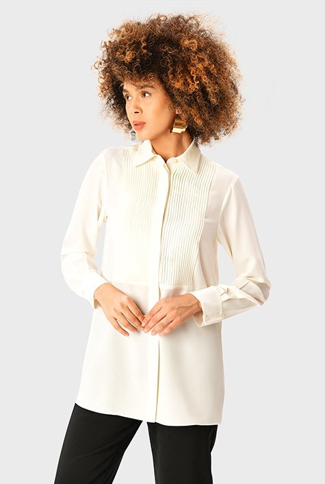 Tux pleat bib-front fine crepe twill shirt