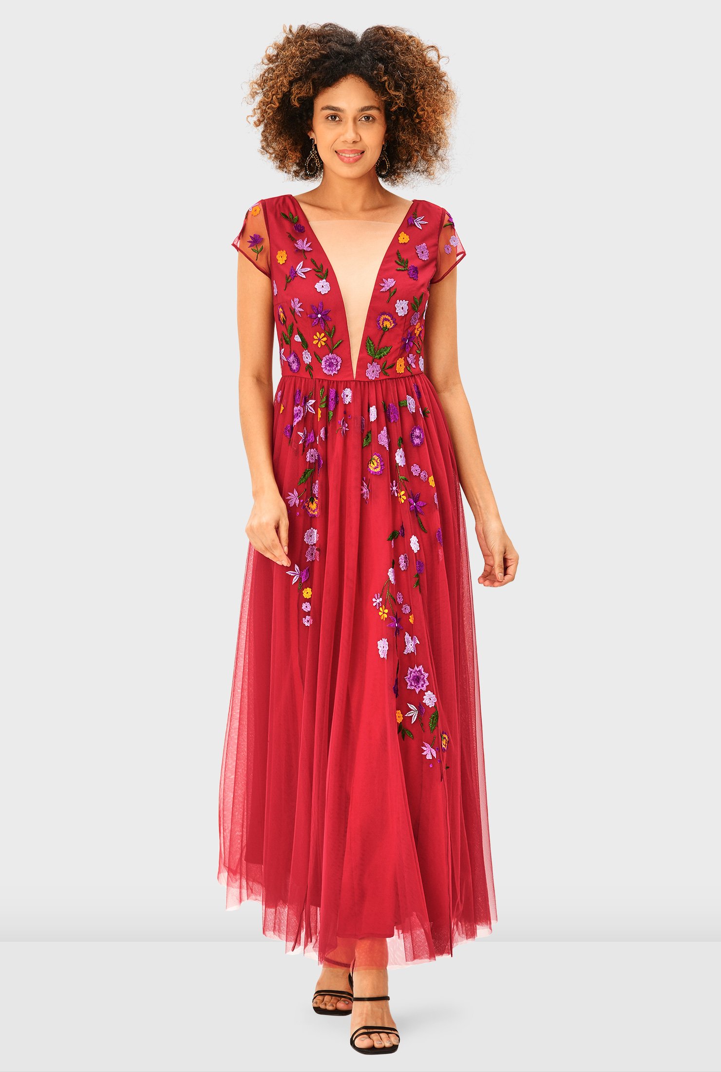 Shop Plunge floral embroidery sheer tulle dress