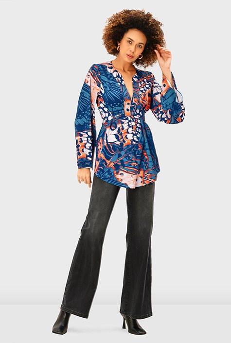 Shop Vibrant butterfly print crepe tie-back blouse | eShakti