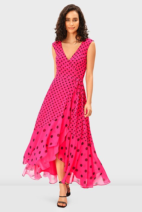 Shop Mixed polka dot print georgette wrap dress | eShakti