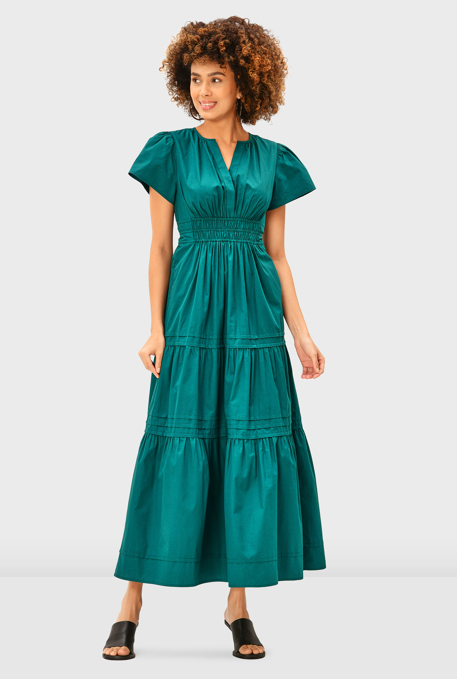 Shop Smocked waist cotton poplin tiered dress eShakti