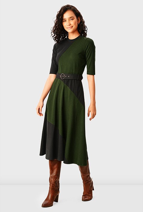 Colorblock cotton jersey belted dress