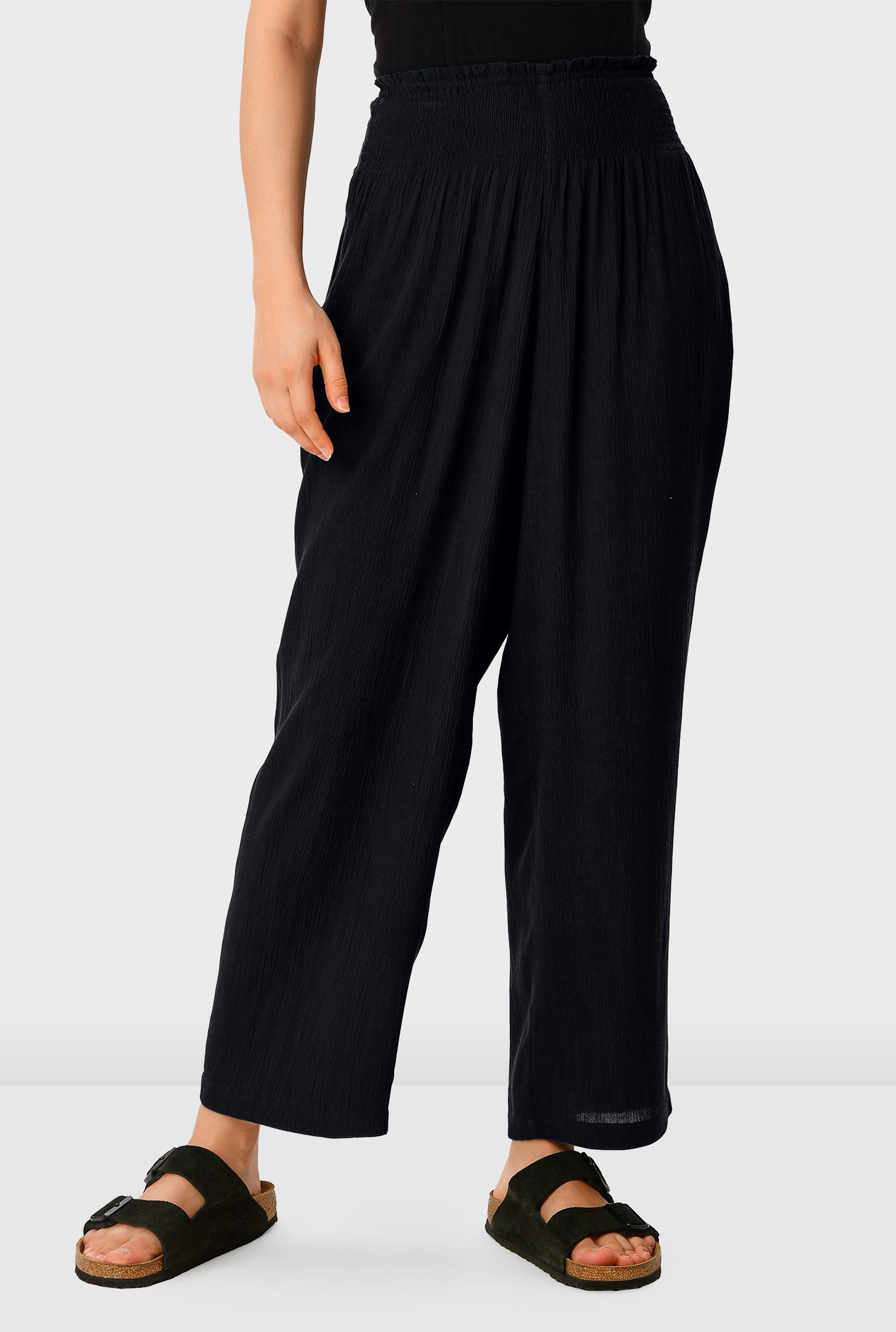 Shop Smocked waist Rayon Crinkle wide leg pants | eShakti