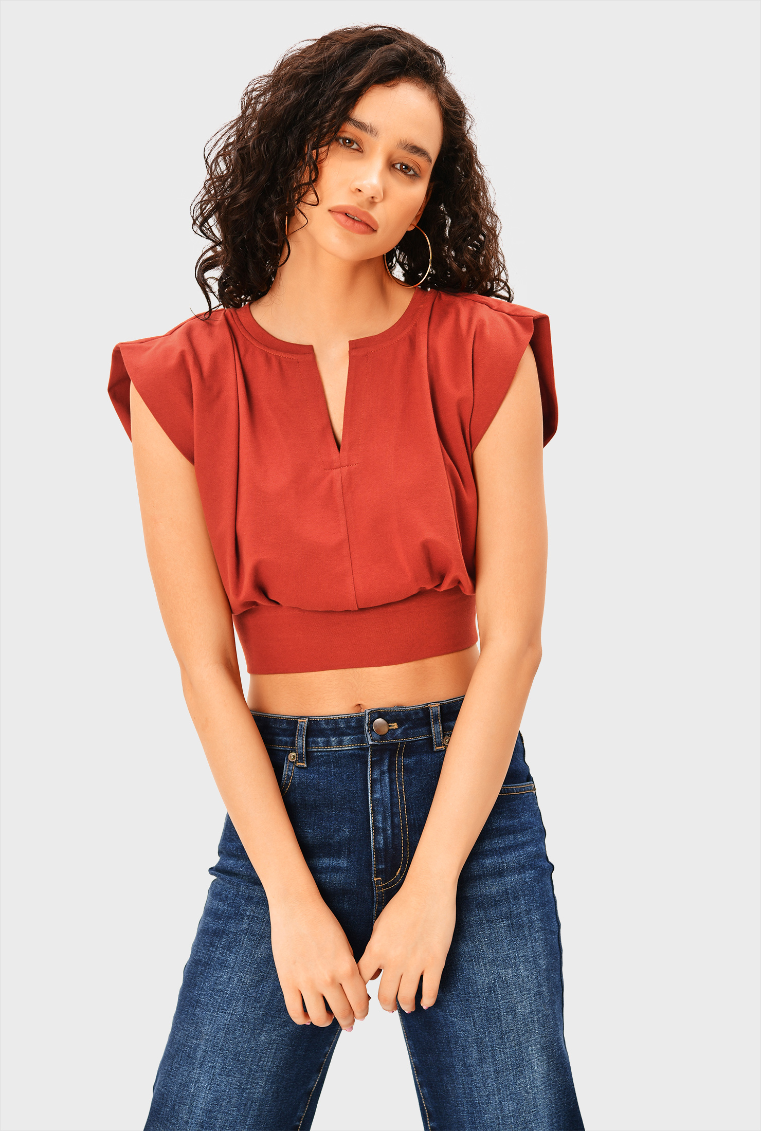 Shop Pleat front cotton jersey crop top eShakti