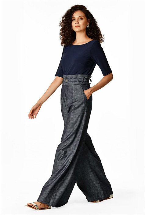 Shop Jersey knit and paper bag waist cotton chambray jumpsuit