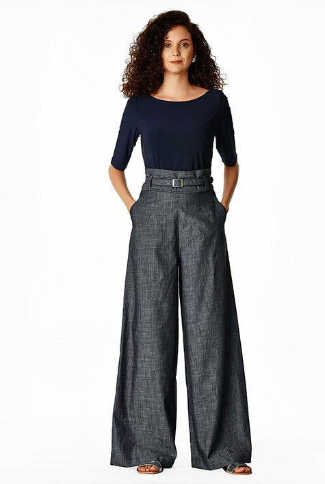 Shop Jersey knit and paper bag waist cotton chambray jumpsuit