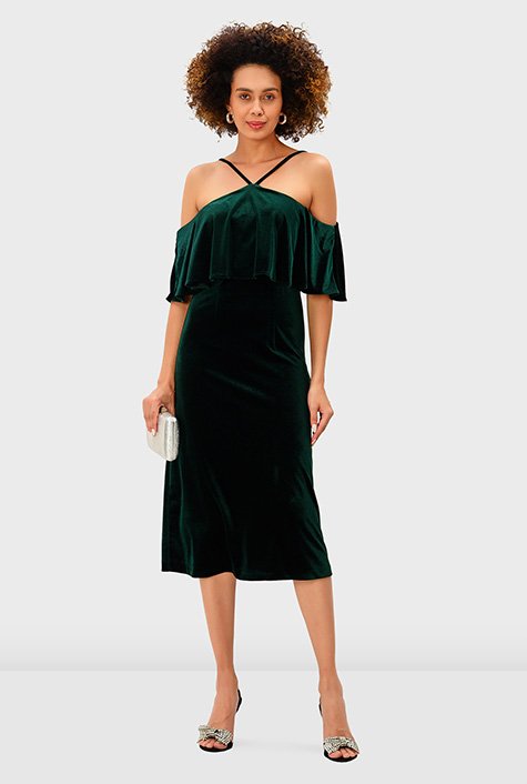 Shop Ruffle cold shoulder stretch velvet dress eShakti