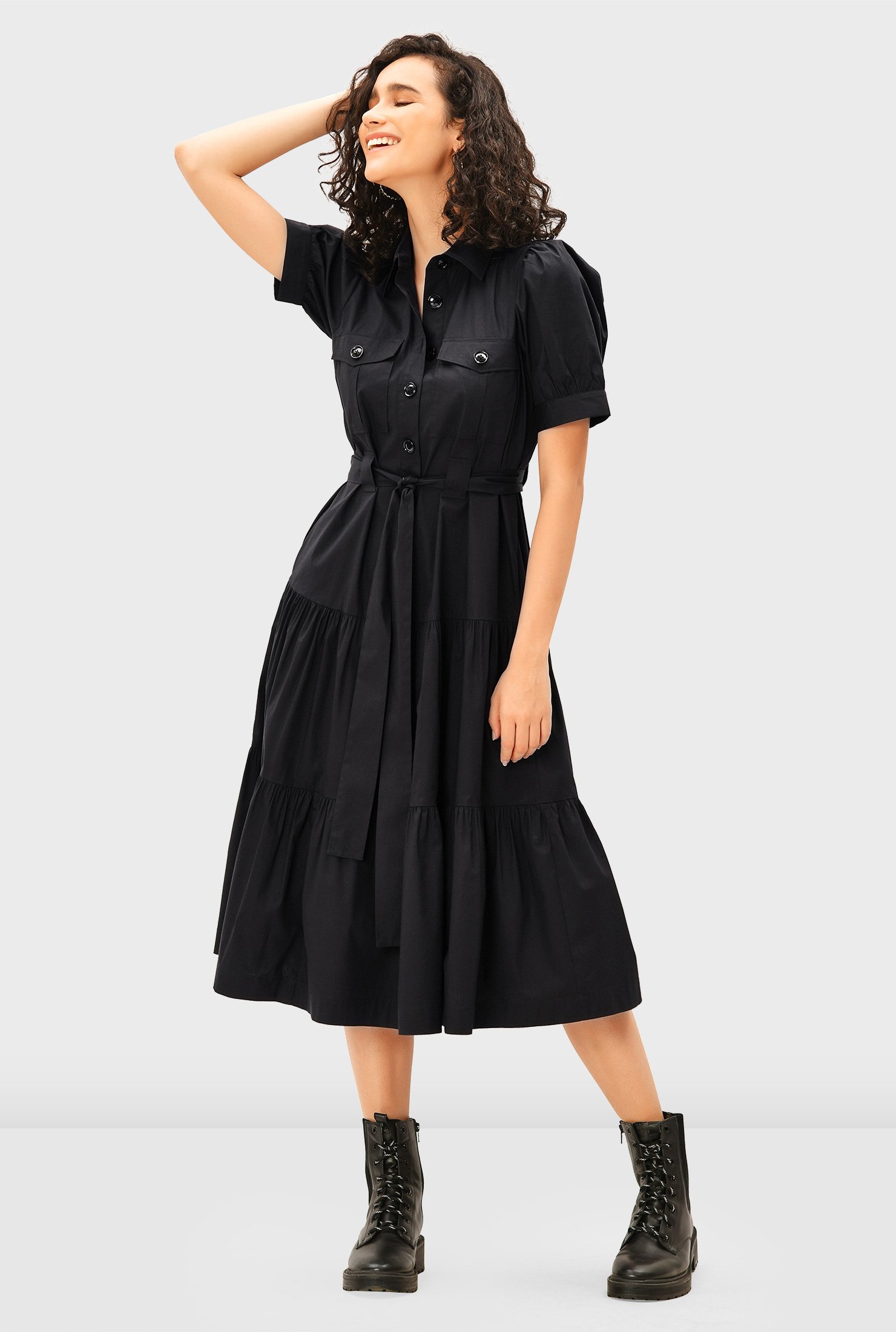 Shop Sash tie cotton poplin tiered shirtdress | eShakti