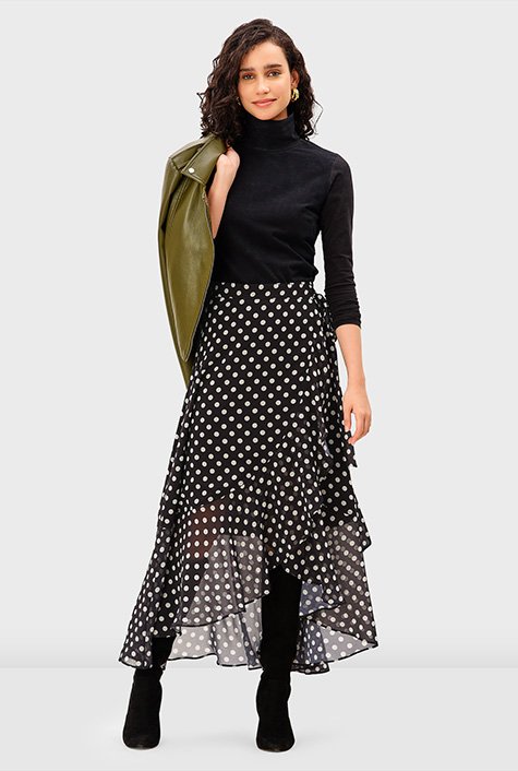 Shop Polka dot print georgette wrap skirt