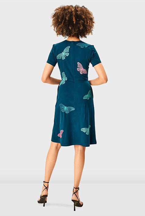 Shop Butterfly embroidery cotton jersey dress | eShakti