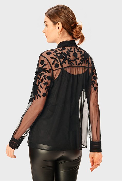 Shop Floral embroidery sheer tulle shirt | eShakti