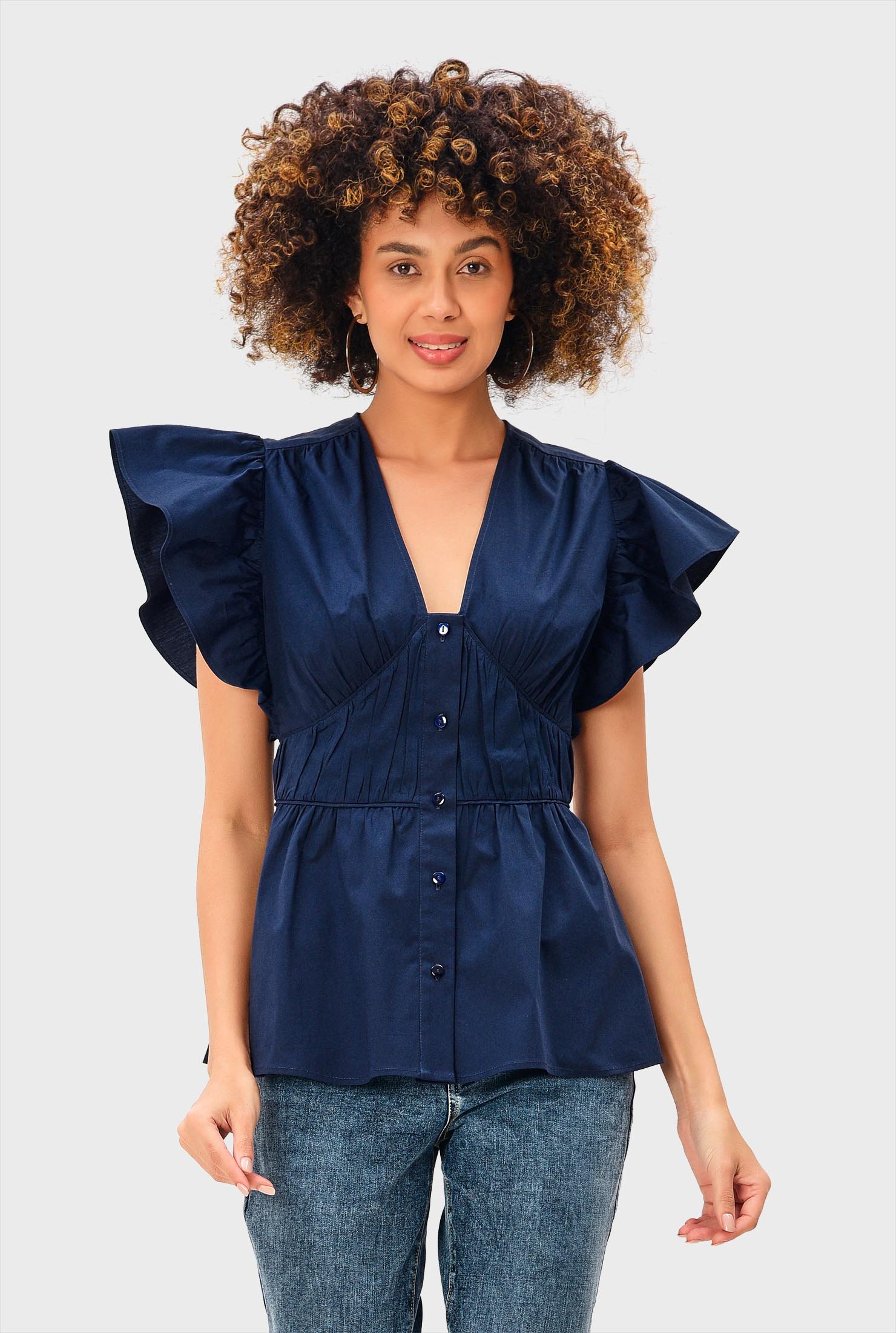 Shop Ruched Cotton Poplin Peplum Top Eshakti 3815