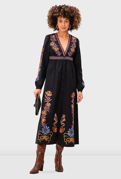 Floral embroidery cotton poplin shirtdress