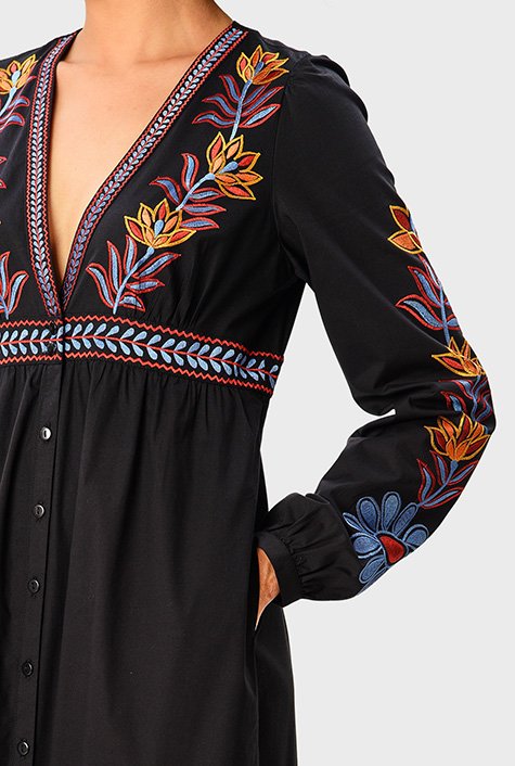 Shop Floral embroidery cotton poplin shirtdress | eShakti