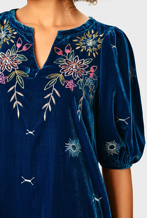 Shop Floral embroidery velvet tunic dress | eShakti