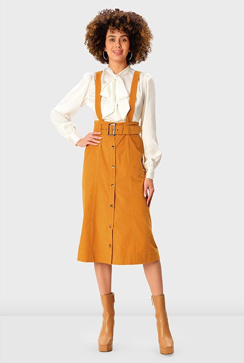 Button front cotton corduroy suspender skirt