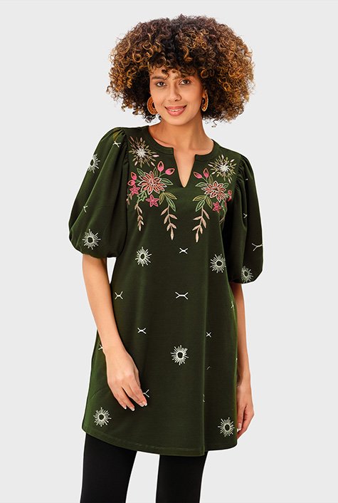 Floral embroidery cotton jersey tunic dress