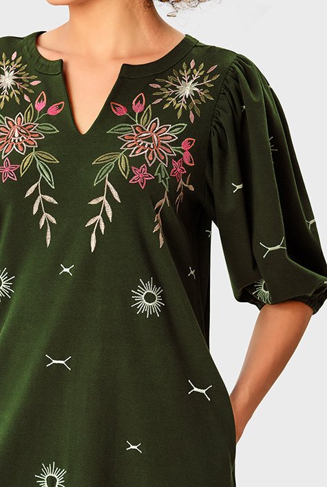 Shop Floral embroidery cotton jersey tunic dress | eShakti