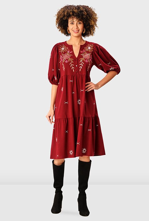 Midi Embroidered White Dress Red Embroidery Boho Dress White Cotton Dress  With Folk Embroidery and Puff Sleeves -  Canada