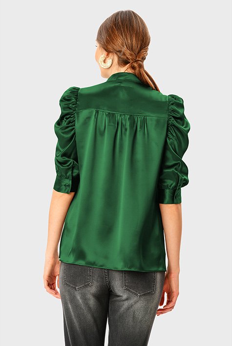 Shop Ruched Puff Sleeve Silk Satin Shirt Eshakti 9735