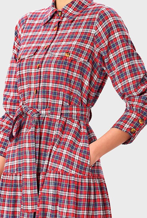 Cotton twill check tiered shirtdress