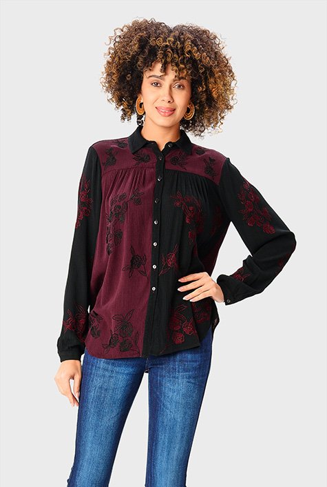 Shop Floral embroidery rayon crinkle shirt