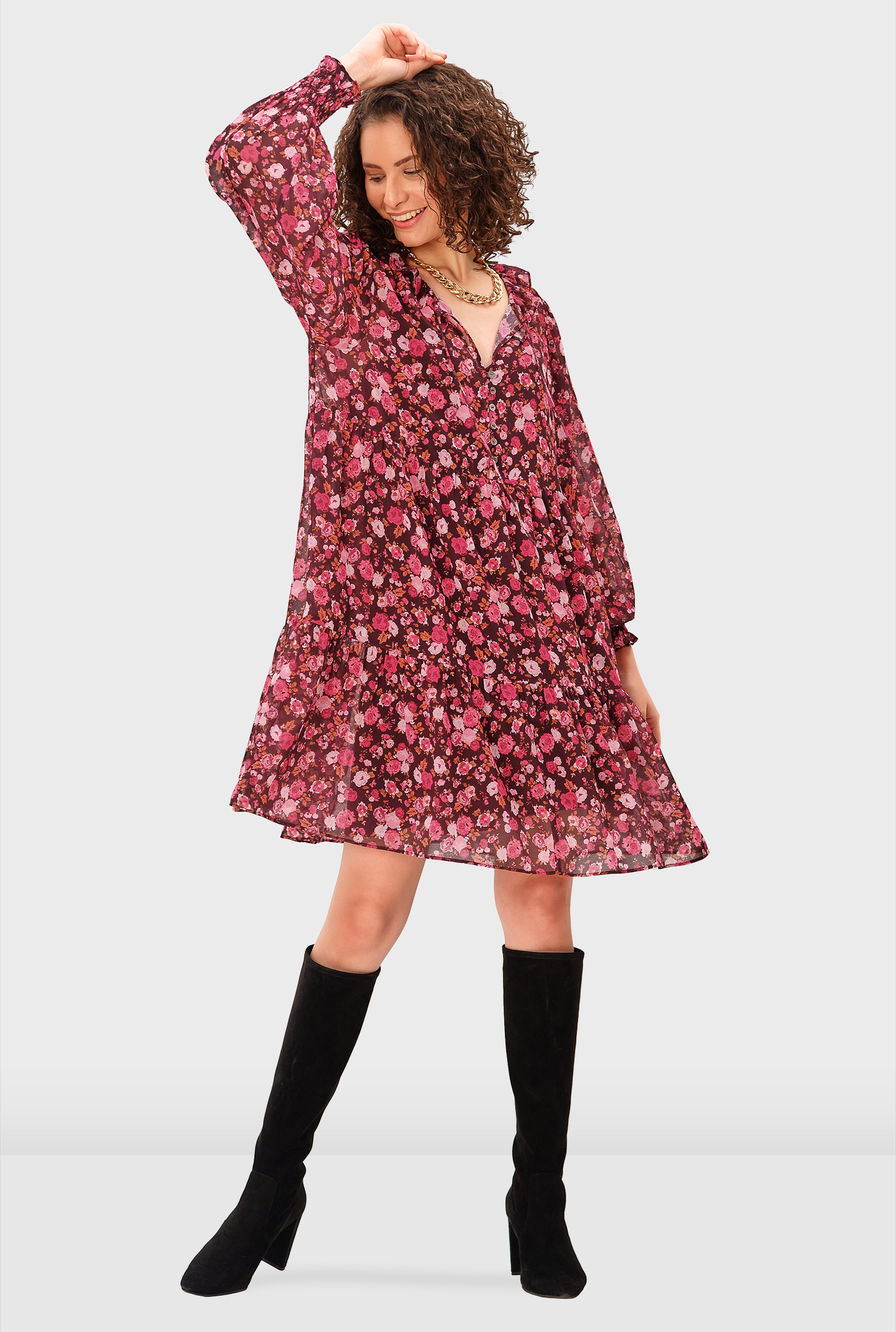 【RIXO】tiered floral-print ette ミディ スカート black-floral-baroque-printed-