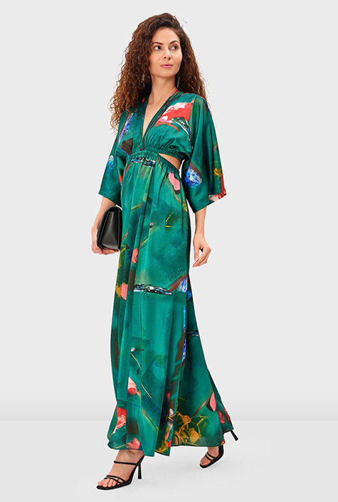 Shop Cutout waist abstract art print satin dress eShakti
