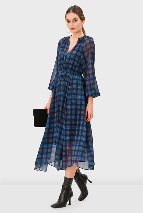 Shop Check print georgette handkerchief hem dress eShakti