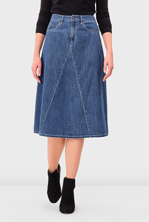 Shop Pieced cotton denim flared skirt | eShakti