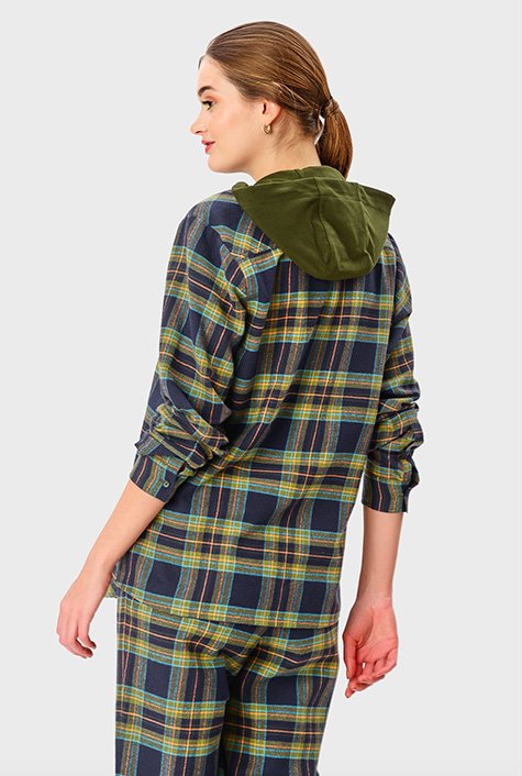 Flannel check cotton hooded shirt