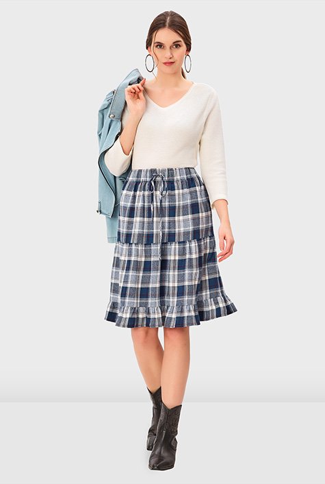 Shop Cotton twill check elastic waist tier skirt eShakti