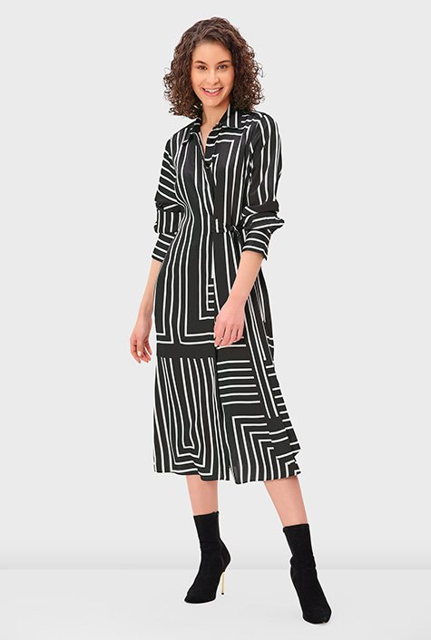 Shop Graphic stripe print satin A-line shirtdress  eShakti