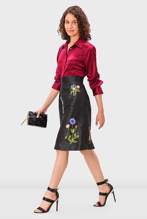 Shop Floral embroidery dupioni skirt | eShakti