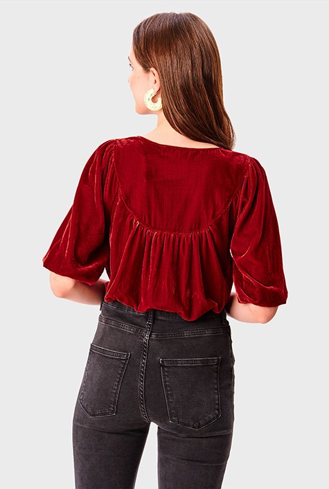 Ruched bib-front velvet blouse