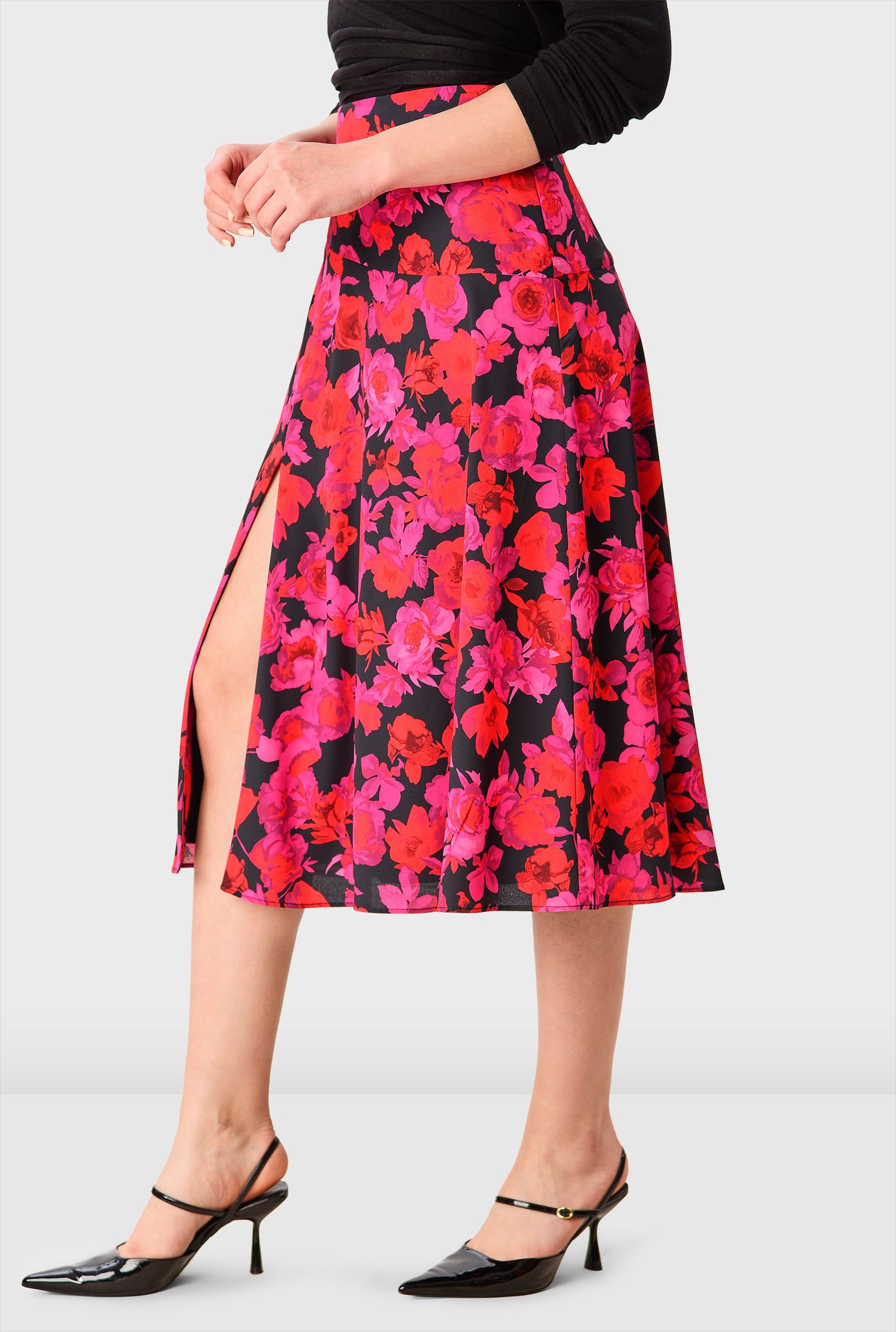 Shop Drop waist floral print crepe flared skirt | eShakti