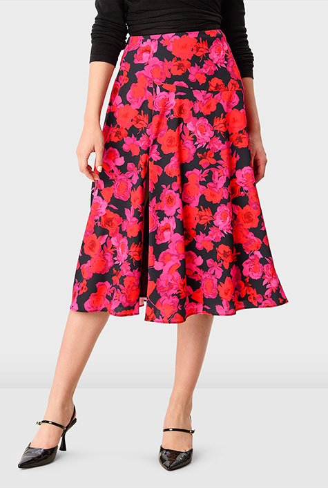 Shop Drop waist floral print crepe flared skirt | eShakti