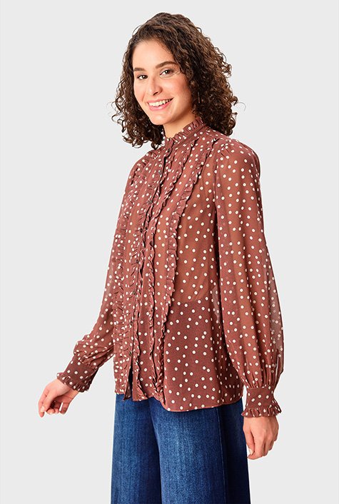 Shop Ruffle frill trim polka dot print georgette shirt | eShakti