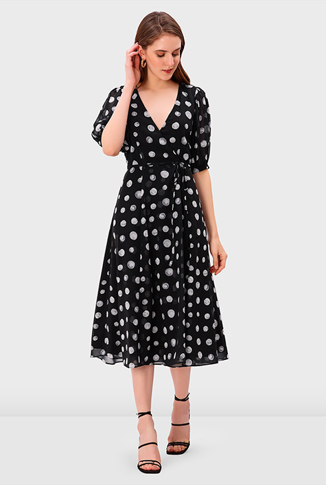 Shop Puff sleeve polka dot print georgette wrap dress | eShakti