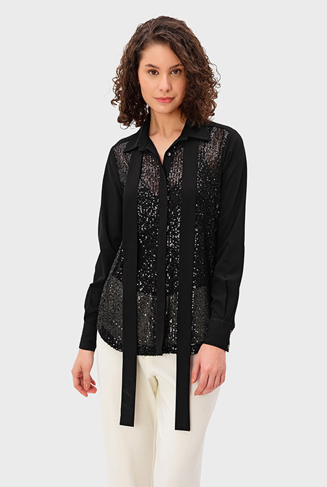 Shop Sequin mesh tie neck crepe twill shirt | eShakti