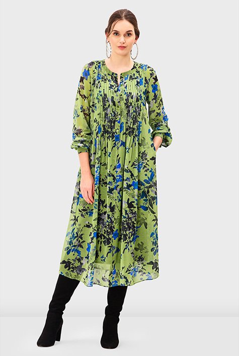 Shop Pintuck pleat floral print georgette shirtdress | eShakti