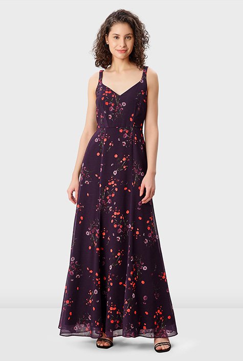 Shop Embellished tulle floral print georgette empire dress | eShakti