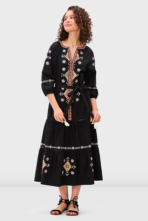 Shop Graphic floral embroidery cotton poplin dress eShakti