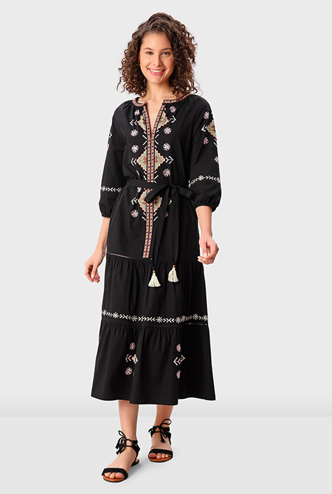 Shop Graphic floral embroidery cotton poplin dress | eShakti